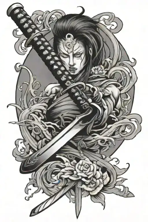katana with floating Norigae tattoo design idea