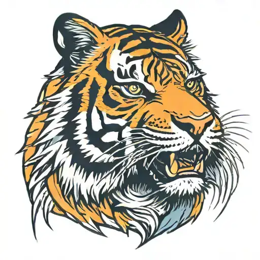 Tiger face, color, mouth open, angry tattoo design idea