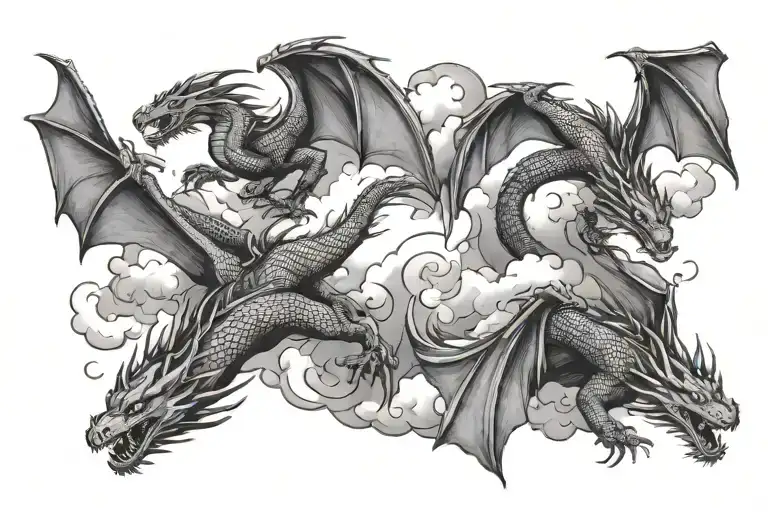 3 dragons flying through clouds, night sky, moom  tattoo design idea
