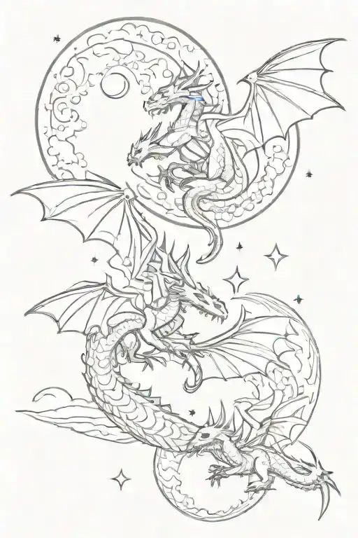 dragons flying, night sky, moon tattoo design idea