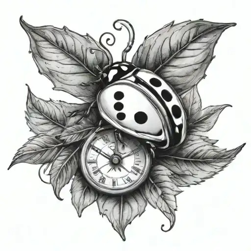 ladybug on a leaf with a stop watch with time tattoo design idea