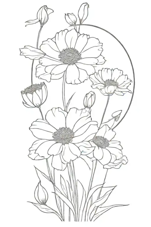 fine line black and white tattoo. marigold at the center surrounded by 1 poppy, 1 aster, and 2 snowdrops. fill in backgr tattoo design idea
