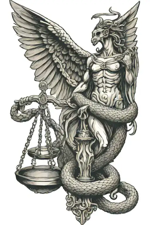 Snake wrapped around scales of justice with engraving XXIX. Innocent devil on one side of scale. Cunning angel on other  tattoo design idea