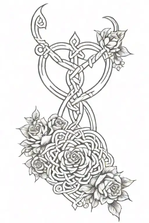 A boho-inspired tattoo featuring a Celtic knot intertwined with roses and witchy elements tattoo design idea
