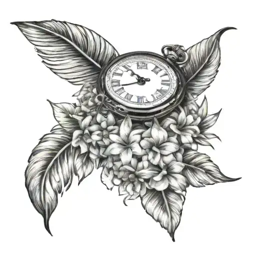 pocket watch surrounded by tropical flowers  tattoo design idea