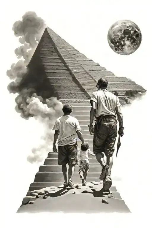 father and son walking up a pyramid into the heavens  tattoo design idea