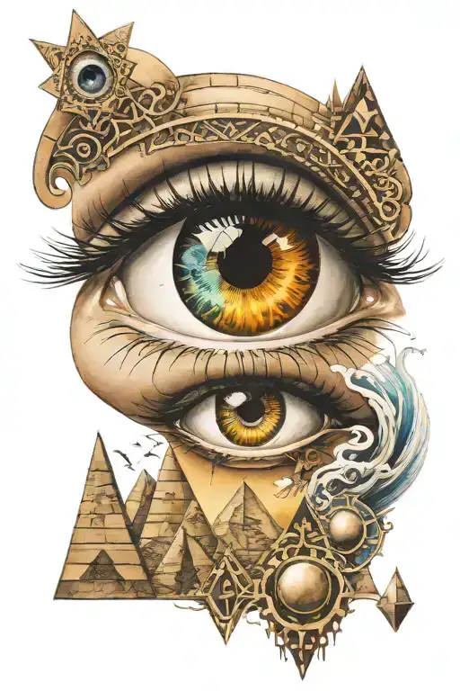 eye with question mark in middle 777 over the eye and pyramids under the eye  tattoo design idea