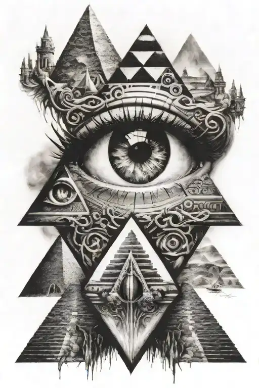 eye with question mark in middle and pyramids underneath  tattoo design idea
