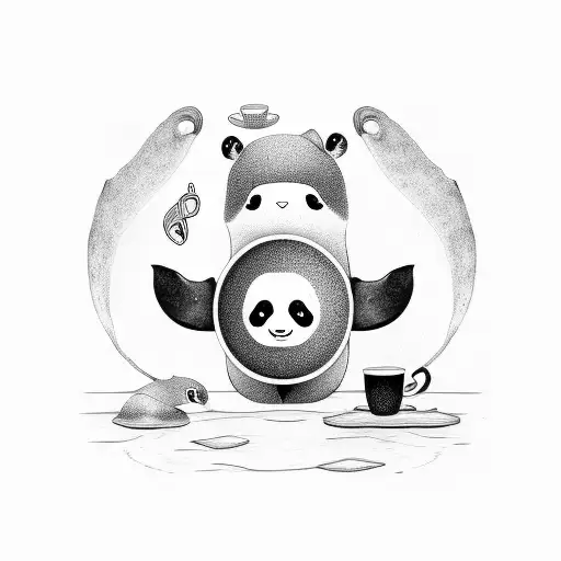 panda with mustache drinking coffee and ilistening music has a whale tail necklace  tattoo design idea