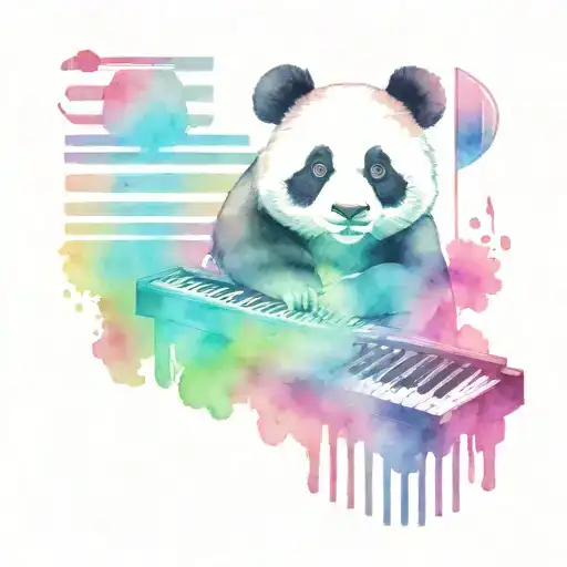 an artwork combining elements of cofee beans, music note, piano keys, gym barbell with some weights on it, little panda  tattoo design idea