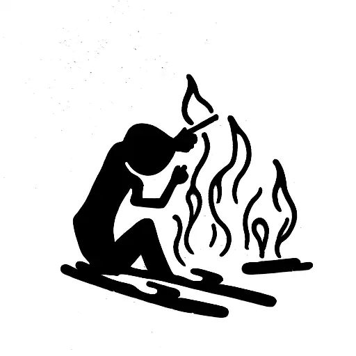 boy roasting marshmallows on a fire caused by a car crash and he is sitting on top of the car tattoo design idea