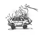 boy roasting marshmallows on a fire caused by a car crash and he is sitting on top of the car tattoo design idea