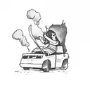 boy roasting marshmallows on a fire caused by a car crash and he is sitting on top of the car tattoo design idea