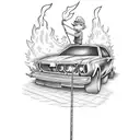 boy roasting marshmallows on a fire caused by a car crash and he is sitting on top of the car tattoo design idea