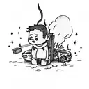 boy roasting marshmallows on a fire caused by a car crash and he is sitting on top of the car tattoo design idea