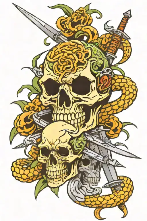 snake, skulls and swords tattoo design idea