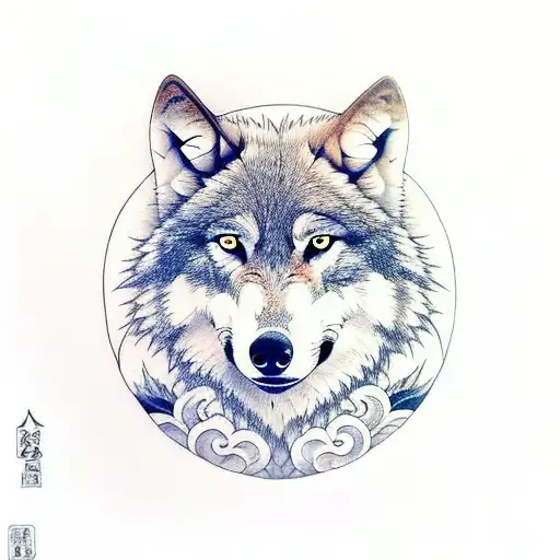 wolf sitting under a big moon with raven flying tattoo design idea