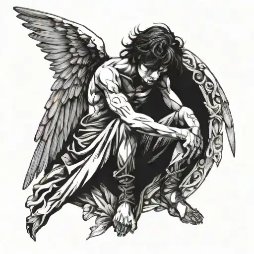 A sorrowful or fallen angel, with tear-streaked eyes or broken wings, sitting or kneeling with a desolate expression.  tattoo design idea