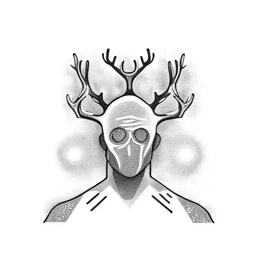 a black figure of a man without a face, but with glowing white holes instead of eyes and deer antlers stands a tattoo design idea