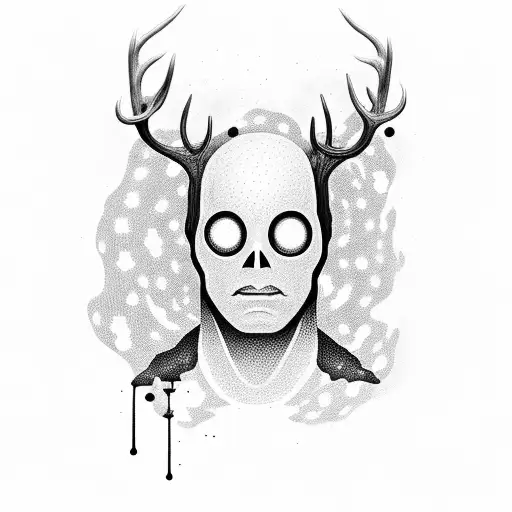 a black amorphous figure of a man without a face, but with glowing white holes instead of eyes and deer antlers stands a tattoo design idea