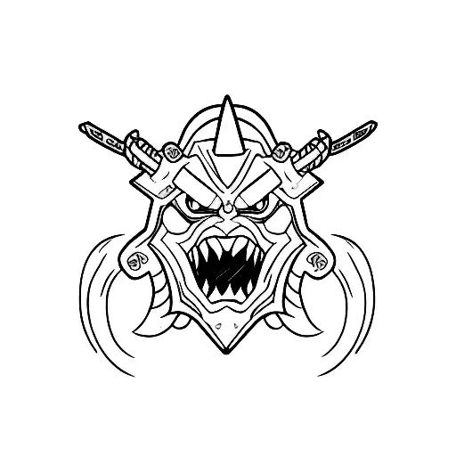 Oni Mask split in half minimalist design with sword  tattoo design idea