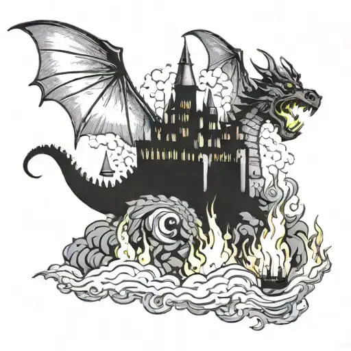 A dragon flying over a medieval castle engulfed in flames tattoo design idea