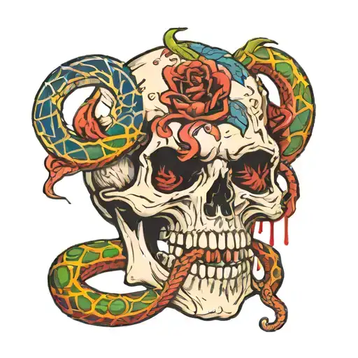 skull with snake wrapped around choking with blood  tattoo design idea