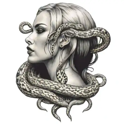 a full body woman that has snakes covetjbg hef face and marks on body  tattoo design idea