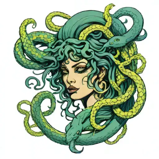 medusa as a women that has snakes covering here with tears and covering up and afraid tattoo design idea