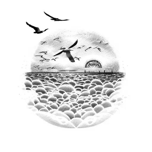 A dotwork representation of a serene sunset over the beach, with seagulls flying in the distance tattoo design idea