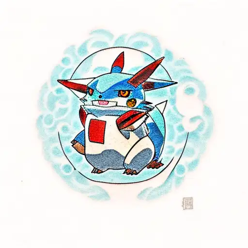 A traditional Japanese-style tattoo featuring a Pokemon and a Gundam tattoo design idea