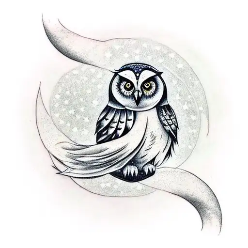 An owl perched on a crescent moon, surrounded by stars and the word 'love' tattoo design idea