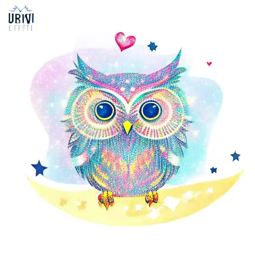 An owl perched on a crescent moon, surrounded by stars and the word 'love' tattoo design idea
