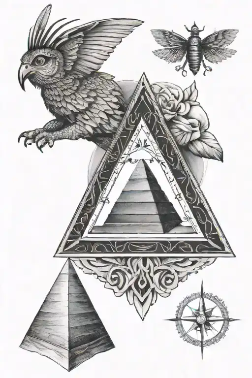 a pon looking into the mirror at a queen chess piece, Egyptian pyramids, Butterfly, the eye of Horus, a Compass tattoo design idea