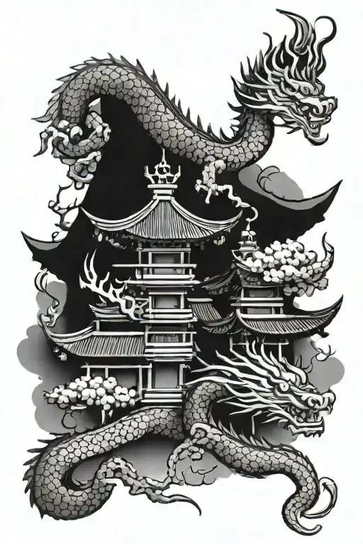 Korean shrine with dragon wrapped tattoo design idea