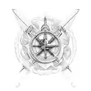 A powerful naval ship surrounded by waves and adorned with symbols representing your two sons tattoo design idea