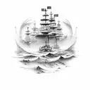A powerful naval ship surrounded by waves and adorned with symbols representing your two sons tattoo design idea