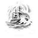A powerful naval ship surrounded by waves and adorned with symbols representing your two sons tattoo design idea
