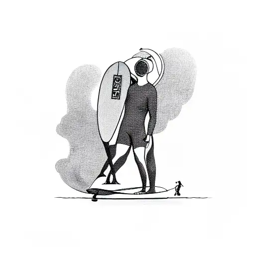 3/4 view camera with legs an mon a surfboard tattoo design idea