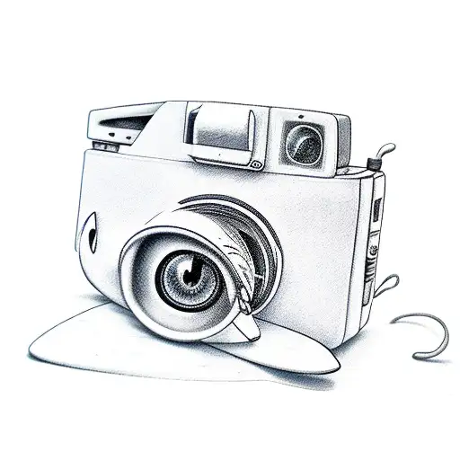 3/4 view camera with legs an mon a surfboard tattoo design idea