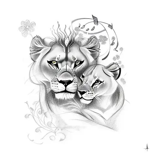 A sketch-style tattoo of a lioness and her cub, surrounded by musical notes and delicate flowers tattoo design idea