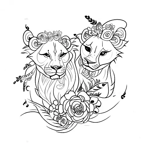 A sketch-style tattoo of a lioness and her cub, surrounded by musical notes and delicate flowers tattoo design idea
