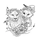 A sketch-style tattoo of a lioness and her cub, surrounded by musical notes and delicate flowers tattoo design idea