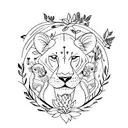 A sketch-style tattoo of a lioness and her cub, surrounded by musical notes and delicate flowers tattoo design idea