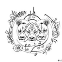 A sketch-style tattoo of a lioness and her cub, surrounded by musical notes and delicate flowers tattoo design idea