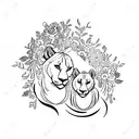 A sketch-style tattoo of a lioness and her cub, surrounded by musical notes and delicate flowers tattoo design idea