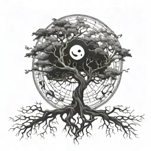 A yin and yang tree with intricate roots and branches intertwined, symbolizing balance and harmony in life tattoo design idea