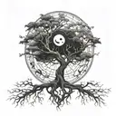 A yin and yang tree with intricate roots and branches intertwined, symbolizing balance and harmony in life tattoo design idea