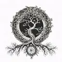 A yin and yang tree with intricate roots and branches intertwined, symbolizing balance and harmony in life tattoo design idea