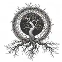 A yin and yang tree with intricate roots and branches intertwined, symbolizing balance and harmony in life tattoo design idea